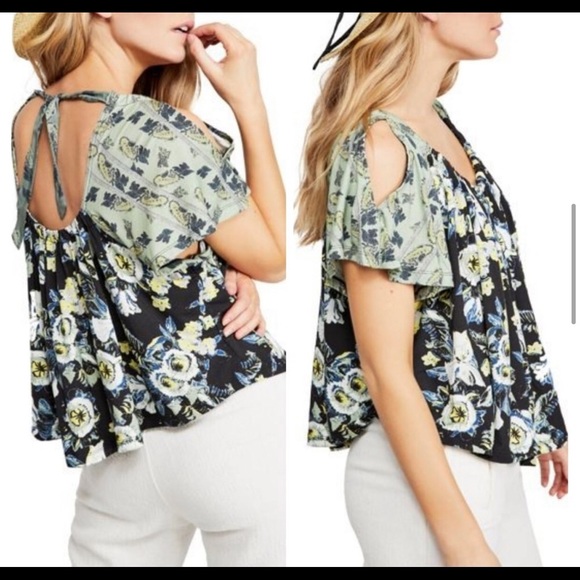 Free People black & green cold shoulder floral top - Picture 2 of 15